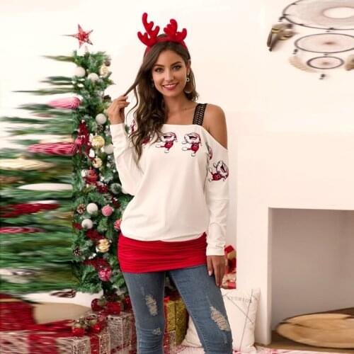 Autumn Fashion Loose Womens Christmas Merry Christmas Ladies Clothes T Shirt Santa Claus Stitching Diagonal Collar Sweatshirt