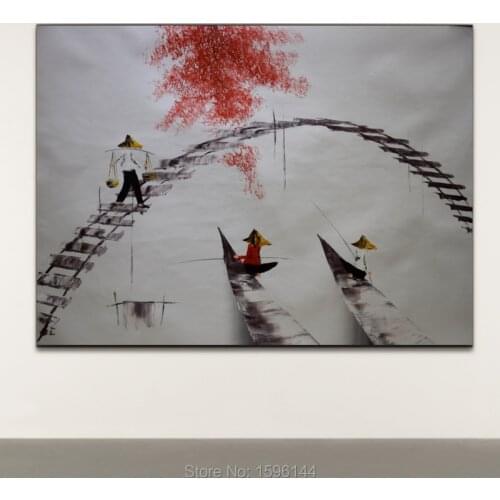 Vietnam Fisherman Scenery Oil Painting Canvas Hand painted Modern wall art Picture for living room home decor Knife Painting