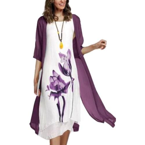 2Pcs/Set Vintage Flower Ink Painting Women Sleeveless Kaftan Dress with Cardigan Kaftan Dress