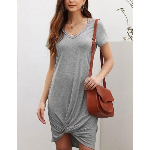 Women Sexy Loose Summer Dress Ladies Short Sleeve Soft Cotton Twist Knot Cut out Casual Dress Autumn Clothing Party Mini Dresses