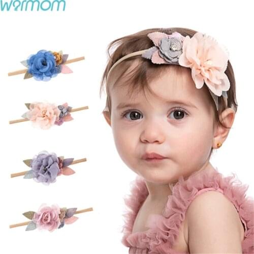 Warmom Fashion Mesh Stitching Flower Nylon Baby Hair Accessories Handmade Fabric Simulation Rose Childrens Hairband