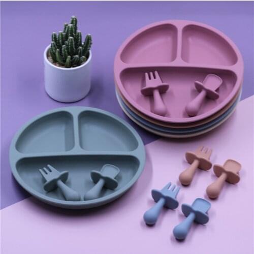Divided Silicone Plate Kids Food Plate Set Feeding Bowls Dishes With Mini Fork And Spoon BPA-Free For Toddler Kids