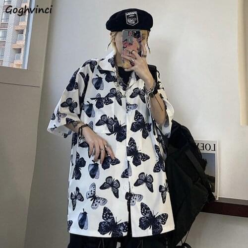 Shirt Women Streetwear Trendy Oversized Butterfly-printing Harajuku Turn-down Collar Half-sleeve Unisex Workout Femme Y2K Summer