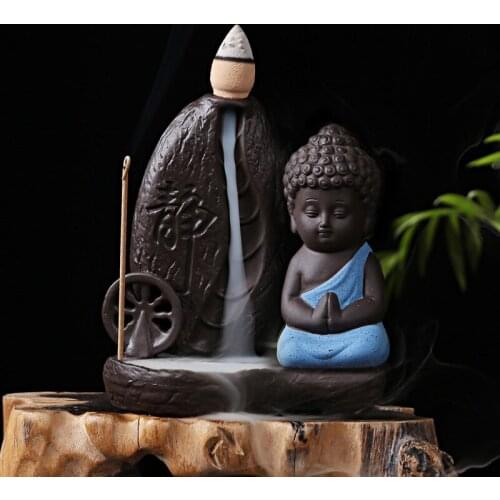 With 70pcs cones The Little Monk Censer Backflow Incense Cones Burner Incense Stick Buddha Burner