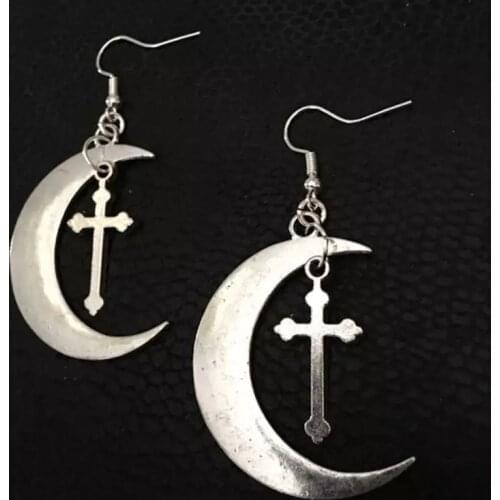 Crescent Earrings,Moon and Gothic Cross Earrings,Mysterious Bohemian Crystal Accessories,Jewelry Earrings