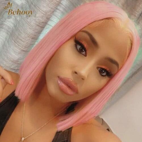 Synthetic 13x4 Lace Front Wig Glueless Heat Resistant Pink Color Short Bob Wigs For Black Women