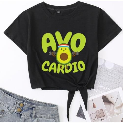 Funny Cute Avocado Vegetarian Knotted Crop Top Shirt Womens Summer Short Sleeve Print Cotton T-Shirt Cropped Tops with Tie Knot