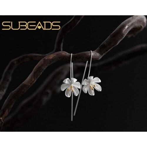 Subeads Real 925 Sterling Silver Flower Drop Hanging Earrings For Women Vintage Handmade Metal Thread Dangle Earrings Ear Line