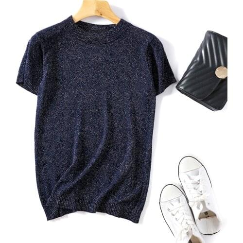 Shiny Lurex Summer Sweater Women Short Sleeve Pullover Women Basic Sweaters O-Neck 2021 Korean Style Knit Thin Tops Femme Korea