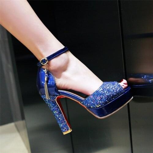 YMECHIC Ladies Peep Toe Ankle Strap Glitter Party Wedding Bride Shoes Woman White Blue Pink Platform Mary Jane Pumps Summer 2018