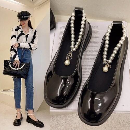 2021 Women Autumn String Bead Mary Janes Woman Fashion Kawaii Lolita Flats Ladies Casual Footwear Female Original Shoes Big Size