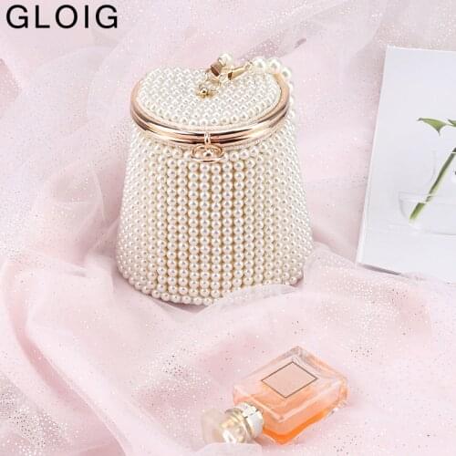 Bucket Beaded Women Clutch Pearl Wedding Evening Bags Small Shoulder Vintage Handbags Party Dress Purse Wallets