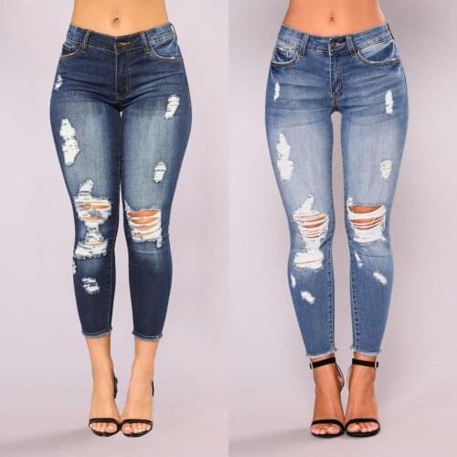 Womens Korean Slim Fit Jeans Fashion Solid Color Skinny Ripped Jeans High Waist Stretch Denim Cropped Pants Spring Autumn Wear
