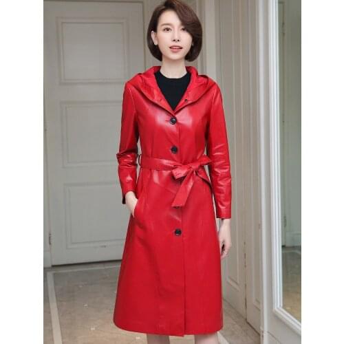 100% Real Sheepskin Coat Female Genuine Leather Jacket Long Trench Coats and Jackets Women Hooded Korean Outwear MY3709