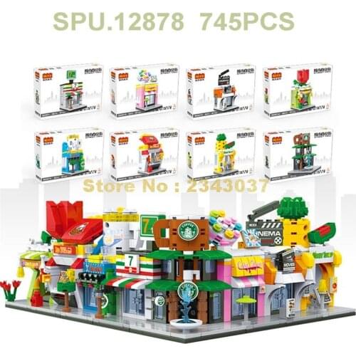 13067 745pcs 8in1 Street View Cake Cinema Fruit Convenience Coffee Store Shop Bar Building Blocks Toy
