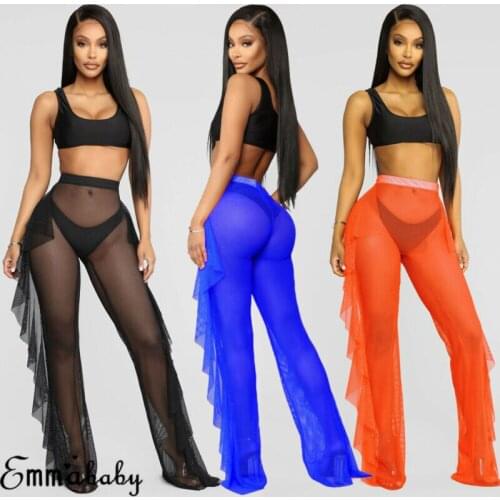 2021 Sexy Women Beach Cover Up See Through Ruffle Pants Mesh Sheer Long Trousers Bikini Cover Up Bottoms Swimsuit Swimwear
