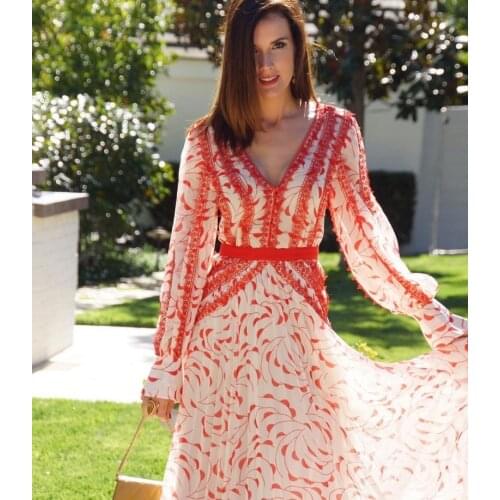 2021 Spring Summer Fashion Designer Runway Dress Womens V Neck Floral Print Elegant Vacation Chiffon Dresses