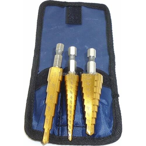 3pc HSS Titanium Coated Step Drill Bit Set 1/4" Hex Shank Industrial Reamer Drill Tools W/Pouch 3/16"-1/2" 1/8"-1/2" 1/4"-3/4"