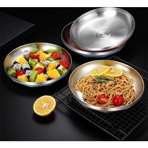 304 Stainless Steel Double-layer Anti Heat Dinner Plate Dish Tableware Serving Platter Lunch Set Cutlery Dinnerware Accessories