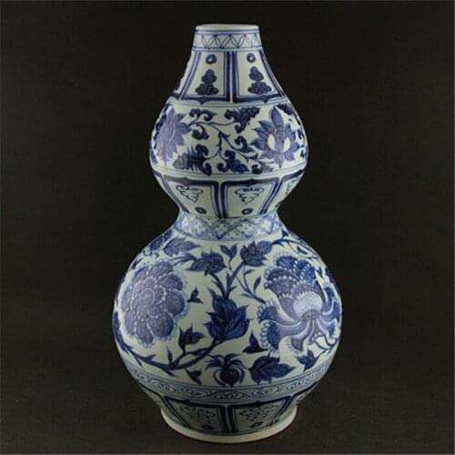 #6 antique YuanDynasty porcelain vase, blue& white peony gourd bottle,hand painted crafts /collection & adornment,Free shipping