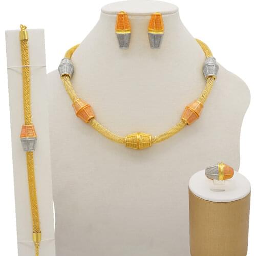 Big Jewelry Sets Round Long Necklace Bracelet Dubai Gold Jewelry Set for Women Wedding Party Bridal Earrings Ring Jewelry