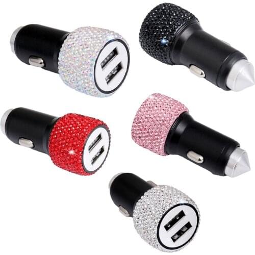Diamond-Studded Car Mobile Phone Safety Hammer Charger Dual Usb Fast Charge Car Phone Aluminum Alloy Car Charger