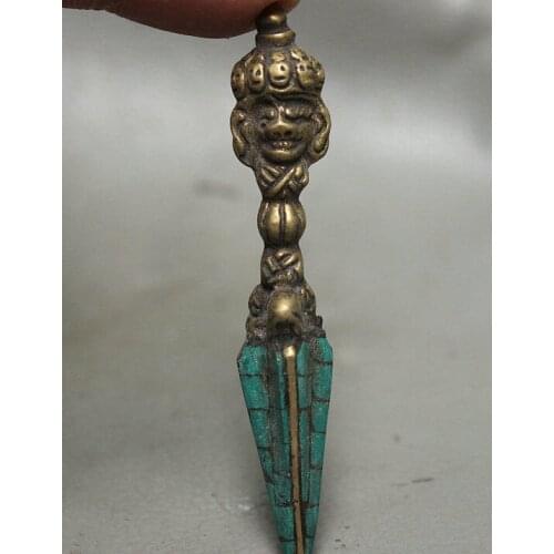 Tibet Buddhism Bronze Turquoise Mahakala Buddha Head Statue Phurba Dagger Holder
