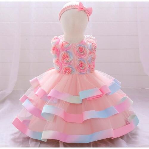 1st Birthday Flower Kids Dress For Baby Girl Tulle Cake Princess Evening Party Dresses Children Bow Wedding With Headbands Dress