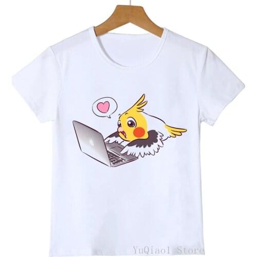 Cute Cartoon Bird Cockatiel/Parrot Play Computer Tshirt Kids Funny T Shirts Summer Baby Boy Girl T-Shirt White Graphic Tops Tees