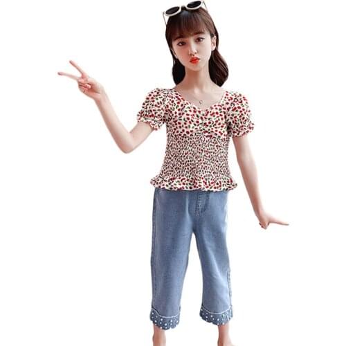 Girls Clothes Floral Tshirt + Denim Jeans Teenage Girls Clothing Casual Style Outfit For Girls Summer Childrens Clothes