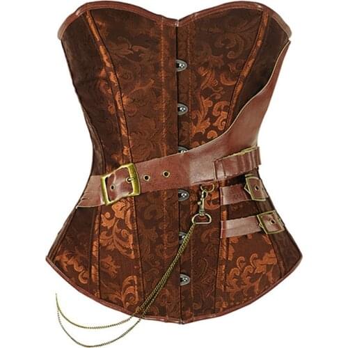 Steampunk Corset Overbust Gothic Buckles Retro Cosplay Fancy Party Outfits Pirate Brown Black Brocade Corsets And Bustiers S-6XL