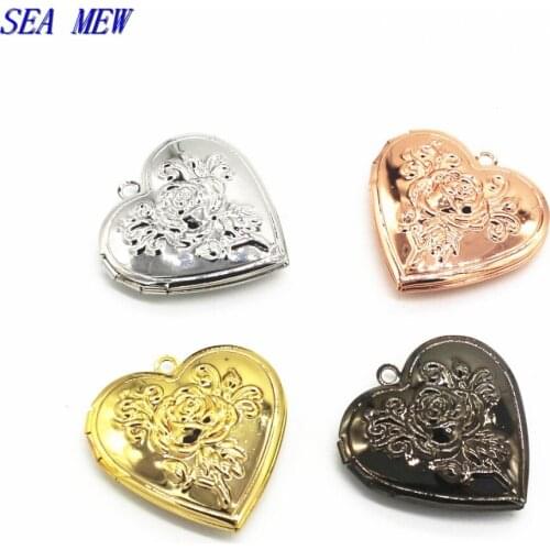 10pcs 29mm Locket 6 Colors Plated Metal Copper Heart Shape Flowers Carved Photo Locket Pendant Charm For Jewelry Making