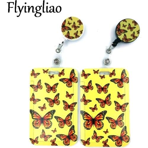 Yellow Monarch Butterfly Cartoon Cute Credit Card Holder Lanyard Women Men Kid Student Reel ID Name Bus Clips Card Badge Holder
