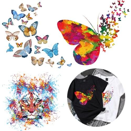Fashion Animal Beautiful Butterfly Tiger Patches For Clothes DIY T shirts Iron on Patch Heat Transfer Stickers Washable Applique