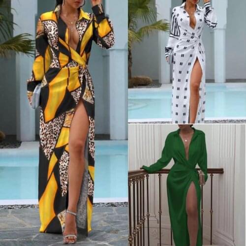 2021 Summer New Womens Lace-up Slit Long Sleeve Printed Dress