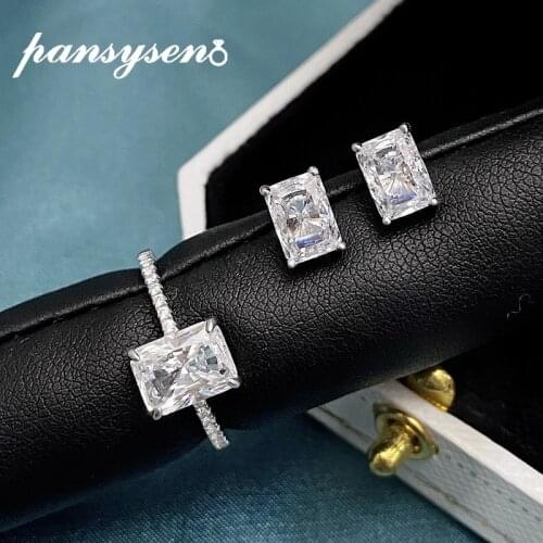 PANSYSEN 18K White Gold Color Wedding Created Moissanite Diamond Earrings Ring Jewelry Sets Solid Silver 925 Fine Jewelry Gifts