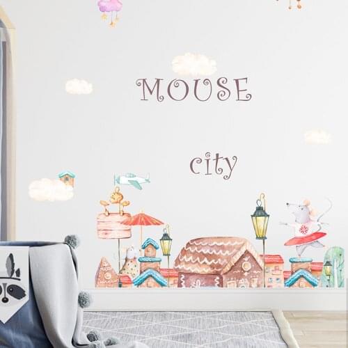 Hand Painted Mouse City Wall Stickers for Kids rooms Girls room Wall Decor Vinyl PVC Sticker Home Decor Nursery Art Wall Decals