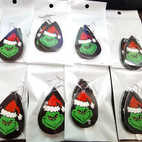 New Grinch Faux Leather Earrings Faux Leather Earrings Glitter Thanksgiving Day Teardrop Leaf Earrings Fall Earrings Stock