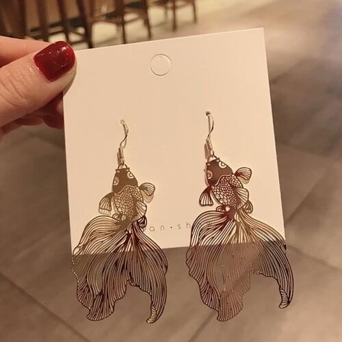 Chinese Style Personality Vintage Goldfish Metal Rhinestones Love Dangle Earrings Fashion Temperament Ladies Jewelry Accessorie