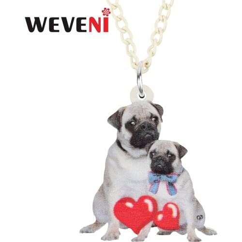 WEVENI Mothers Day Acrylic Cute Pug Dogs Necklace Pendant Fashion Long Chain Unique Charms Gift Party Jewelry For Women Girls