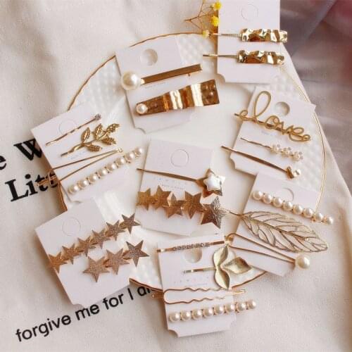 1 SET Korea Geometric Irregular Metal Hairpins Imitiation Pearl Star Leaf Shape Hair Clips Hair Accessories for Women Girls Drop