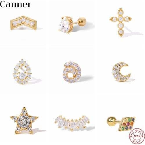 Canner 100% 925 Sterling Silver Stud Earrings For Women Geometric Cross Shape CZ Earings Cartilage Piercing pendientes Aretes W5