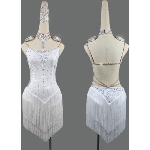 Rhinestone Latin Dance Dresses For Women Competition Practice Latin Dress Costume White Ladies Leaking Shoulder Fringe Skirt