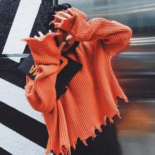 New Fashion 2019 Pullover Ripped Hole Sweaters Loose Jumper Casual White Sweater Women Knitting Sweaters Pull Long Sleev Tassel