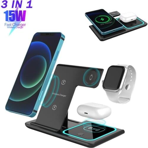 3 IN 1 15W Qi Fast Wireless Charger Stand For IPhone 11 12 X 8 Apple Watch Foldable Charging Dock Station For Airpods Pro IWatch