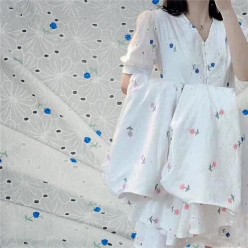 Hollow Daisy Floral Cotton Lace Fabric with Blue Floral Embroidery Cotton Fabric for Boho Dress DIY Wedding dress blouse