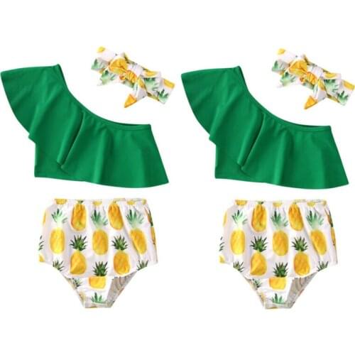 1-4Y Baby Girl Toddler Kid Pineapple Print Bikinis One Shoulder Swimwear Swimsuit Bikini 3PCS Set Bathing Beachwear Children Set