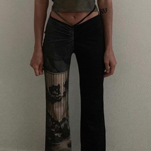 Gothic Y2k Womens Pants Punk Sexy Waist Tether Suckling Tie Dye Printing Contrast Color Stitching Trousers Street Wear Woman