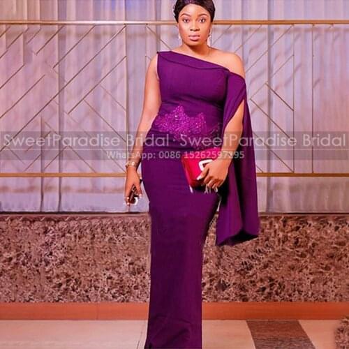 Cheap Purple Sheath Prom Dresses With Appliques Streamer Long One Shoulder African Women Formal Prom Dress