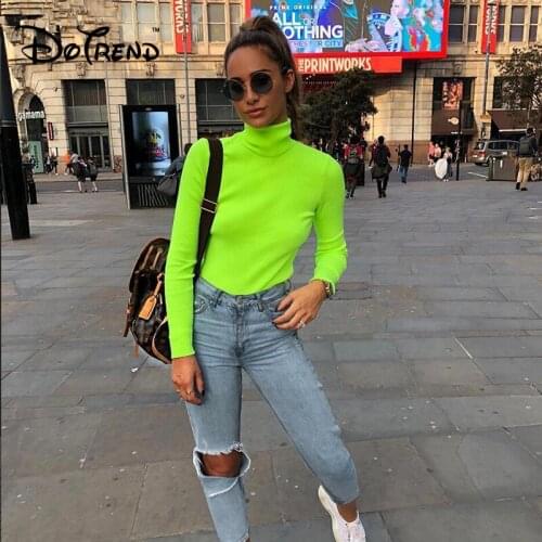 Fluorescence Slim Warm Green Fluorescence Women T Shirt Long Sleeve Turtleneck Solid Camiseta Mujer 2019 Vogue Sexy Spring Tee